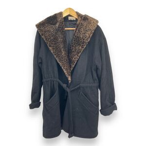 Lorovi Black Wool Belted Hooded Coat with Soft Leopard Print Lining Women's M